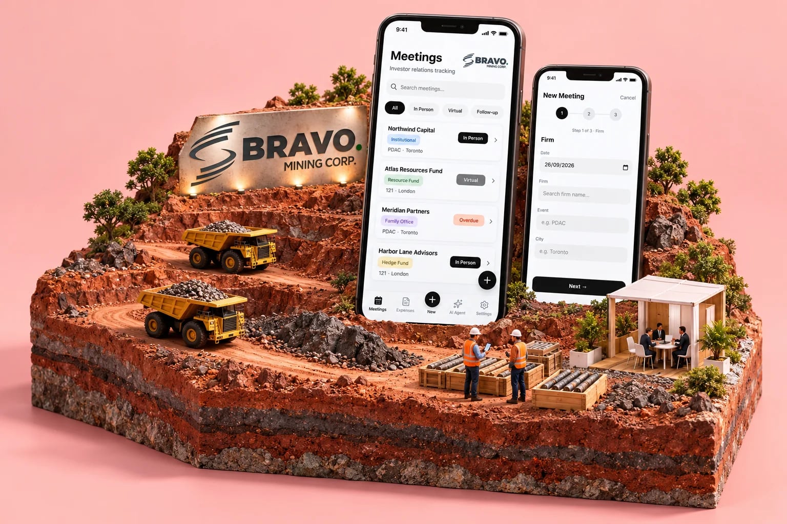 Mina a céu aberto em miniatura com o letreiro da Bravo Mining e dois celulares com a lista de reuniões e o cadastro de uma nova reunião.