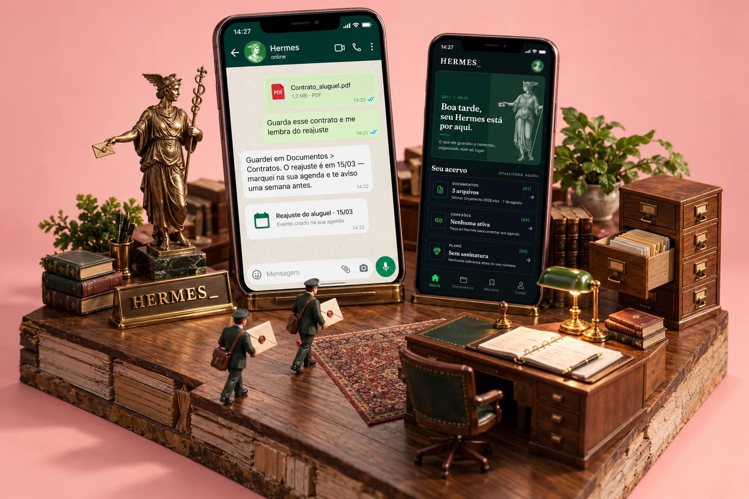 Escritório antigo em miniatura com a estátua de Hermes, um celular com a conversa no WhatsApp e outro com o app Hermes.