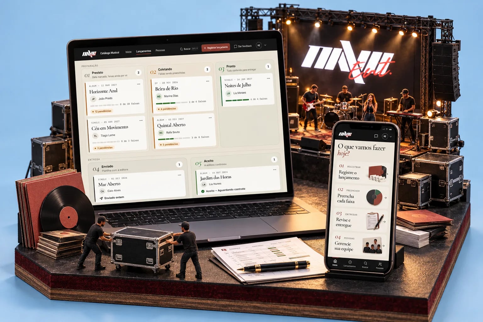 Palco em miniatura com banda e o logo Navii, um notebook com o quadro de lançamentos e um celular com o app.