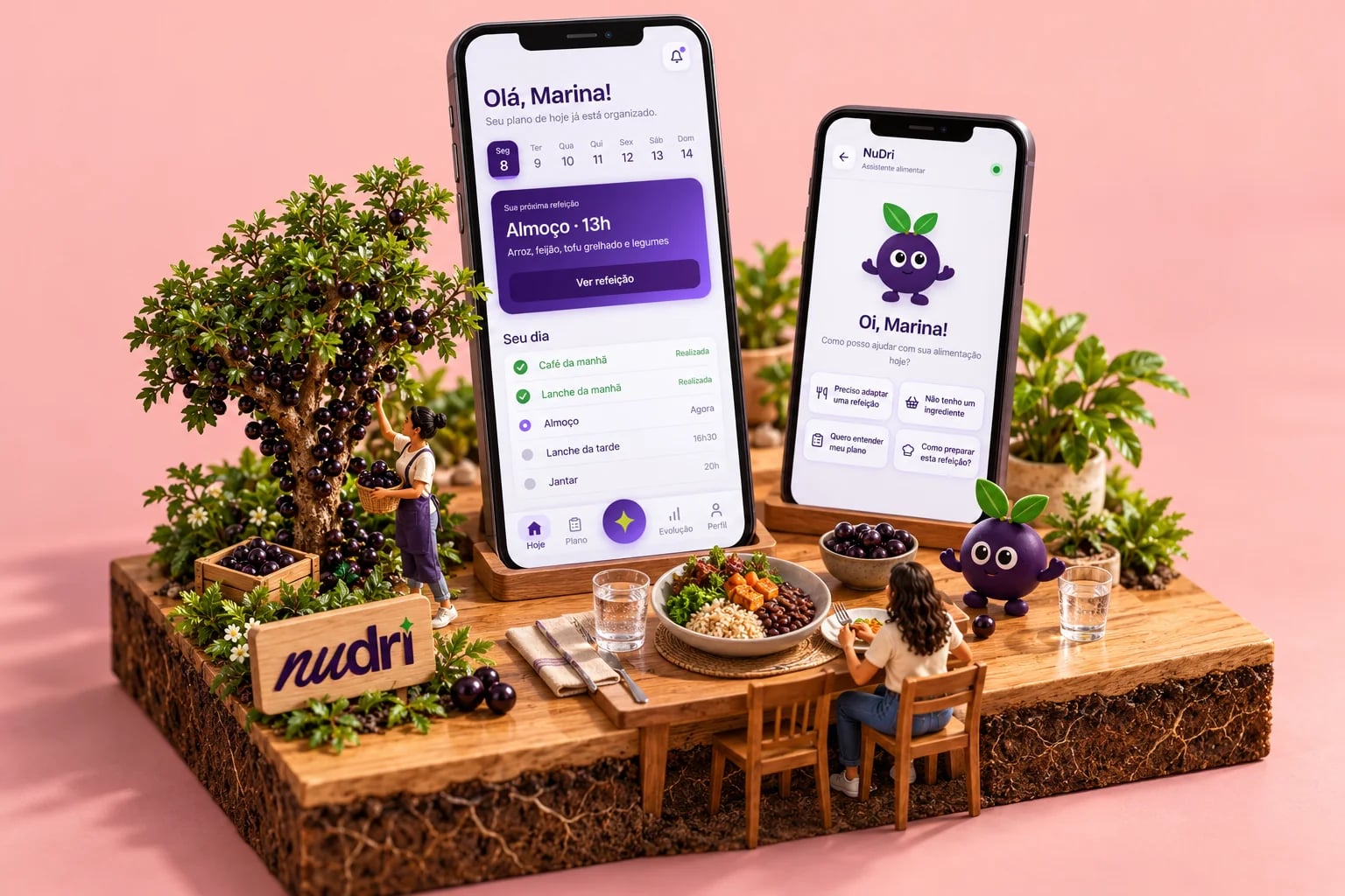 Mesa de cozinha em miniatura com uma jabuticabeira, o mascote Jabuticabinha e dois celulares com o plano do dia e o assistente do Nudri.