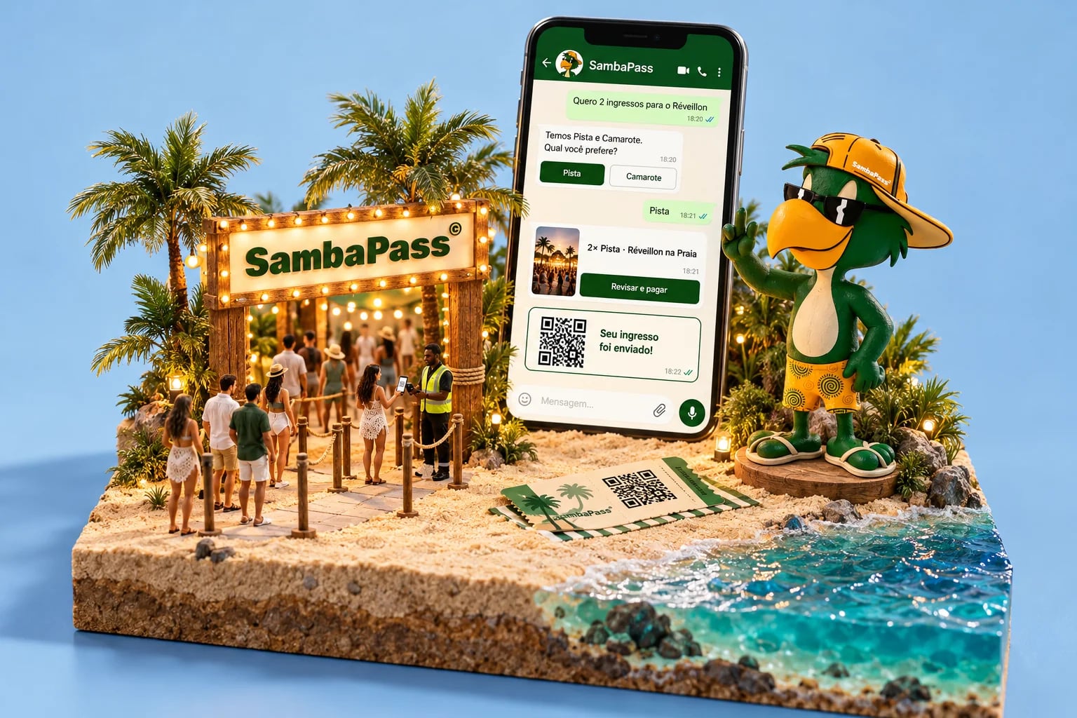 Praia em miniatura com a entrada de uma festa, o mascote papagaio da SambaPass e um celular com a conversa de compra do ingresso.