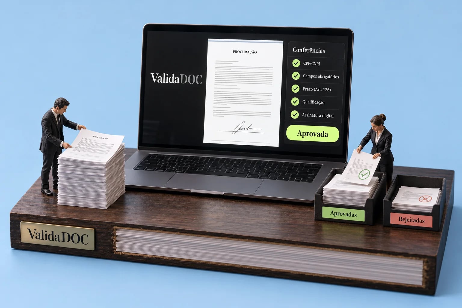 Notebook com o ValidaDoc mostrando uma procuração aprovada nas conferências, ao lado de bandejas de aprovadas e rejeitadas.