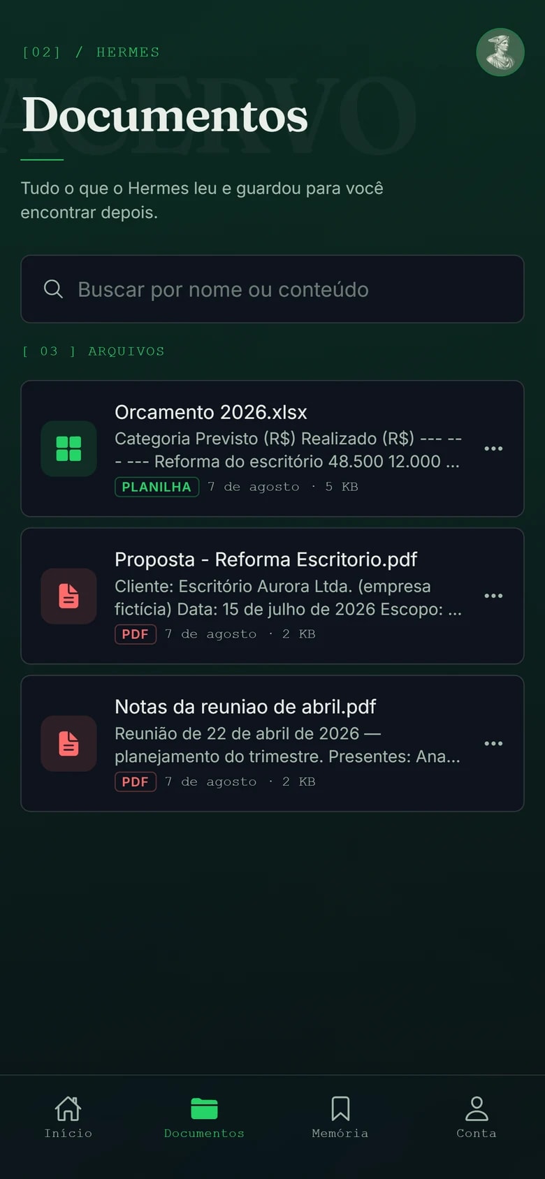 Tela real do app Hermes, com os documentos organizados pelo assistente que funciona no WhatsApp.
