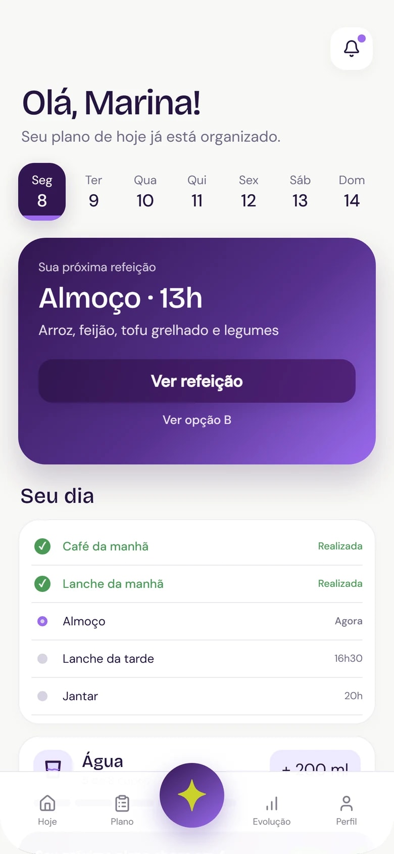 Tela Hoje do Nudri com a próxima refeição, o botão para ver a opção B e as refeições do dia.